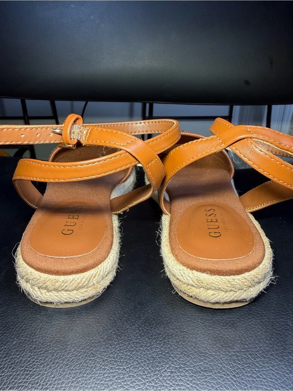 GUESS Tan Logo Espadrille Sandals with Ankle Strap Sz 10M box